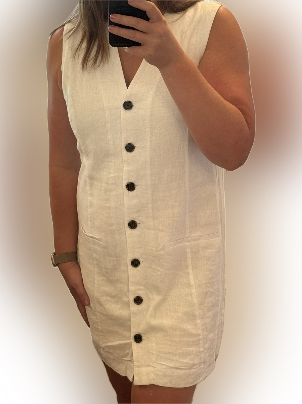 Banana Republic Sleeveless White Button-Front Linen Dress
